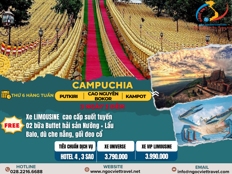 TOUR CAMPUCHIA - CAO NGUYÊN BOKOR - BIỂN KEP - KAMPOT - CHÙA 84.000 TƯỢNG PHẬT