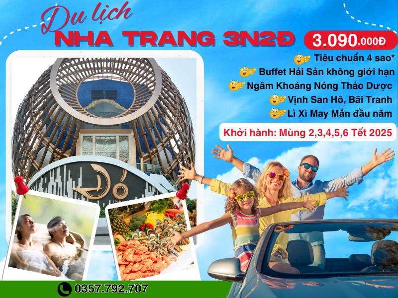 TOUR NHA TRANG, TẾT ẤT TỴ - BUFFET HẢI SẢN - NGÂM KHOÁNG NÓNG - KHÁCH SẠN 4 SAO