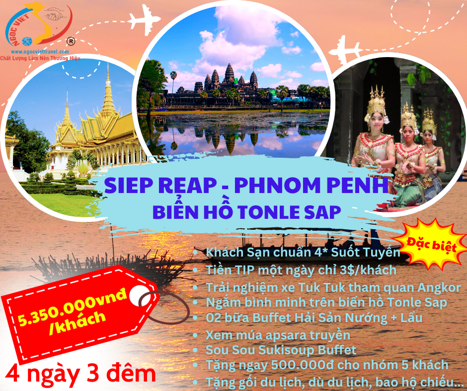 TOUR CAMPUCHIA, SIEM REAP - PHNOM PENH - BIỂN HỒ TONLE SAP - XE LIMOUSINE, KS 4 SAO